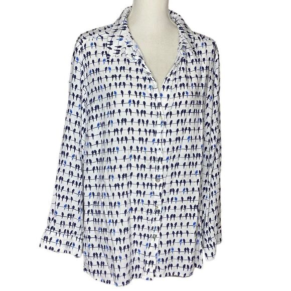 Jane & Delancey Wm’s Sz 2X White Blue Bird Print Roll Tab Sleeve Button Shirt - Picture 1 of 6